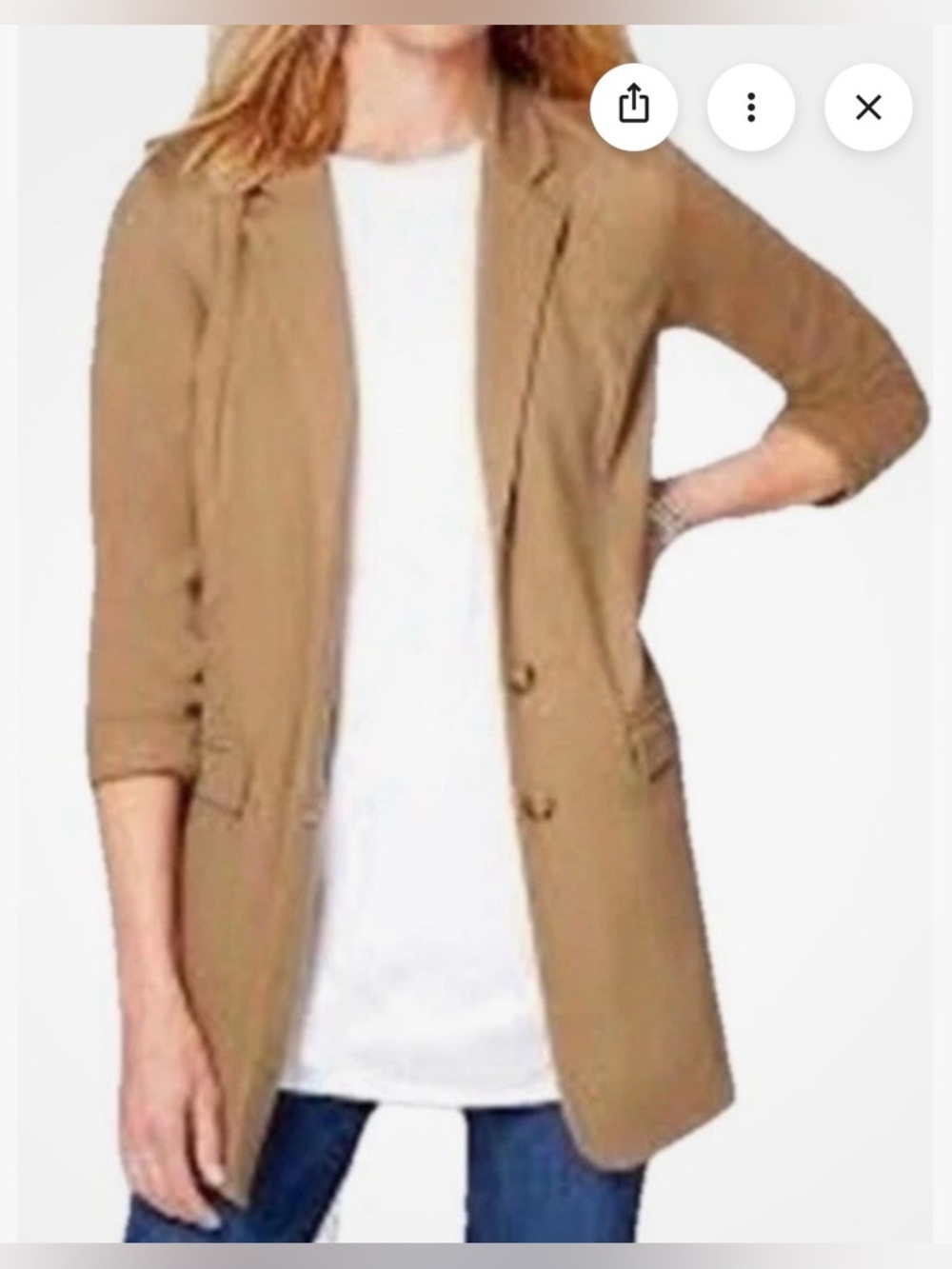 J. Jill Ponte Stretch Knit 3 Button Longline Blazer in Camel/Tan 1X